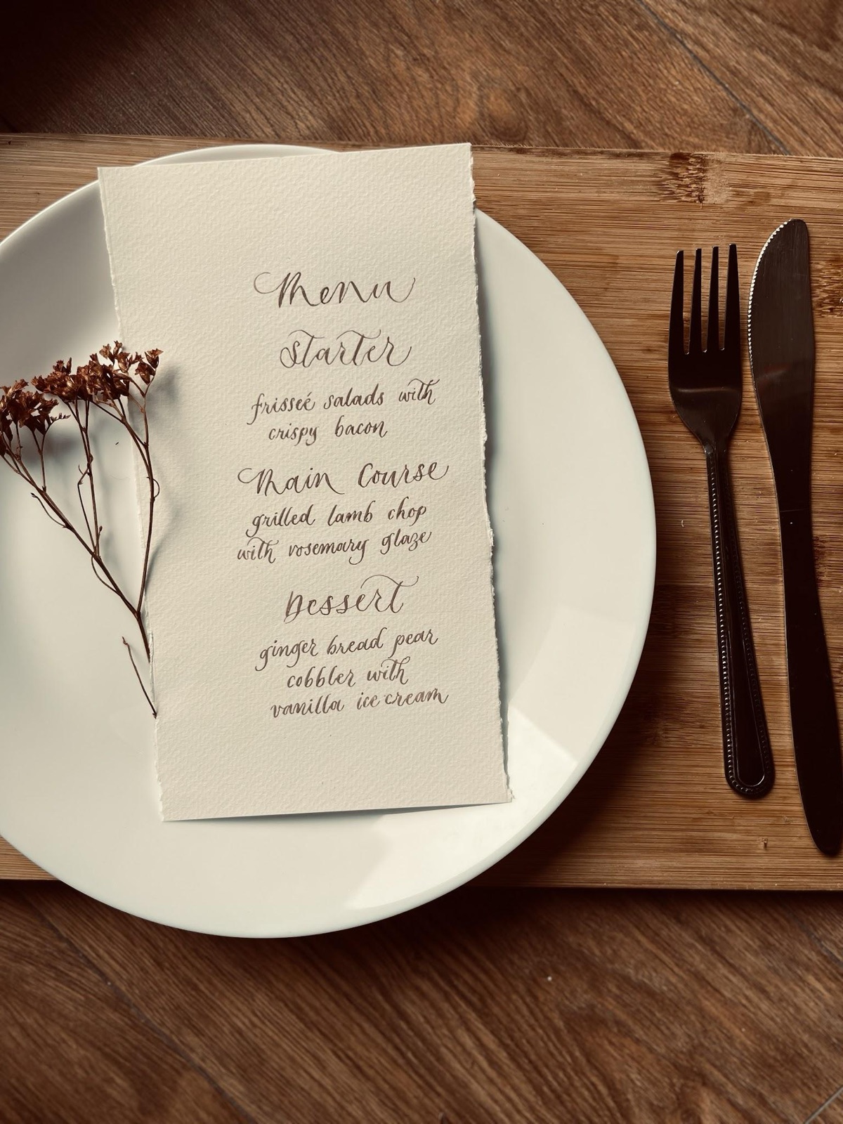 Hand-written menu card in calligraphy